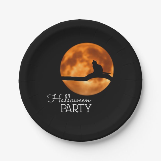 Blood Moon & Cat Silhouette, Halloween Party Paper Plates (Front)
