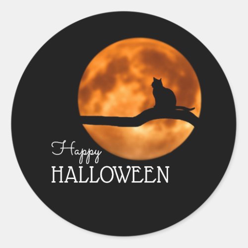 Blood Moon  Cat Silhouette Happy Halloween Classic Round Sticker
