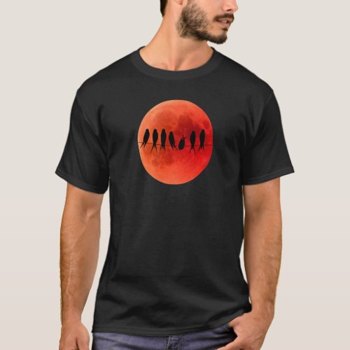 Blood Moon Lunar Eclipse Birds On Cable Silhouette T_Shirt