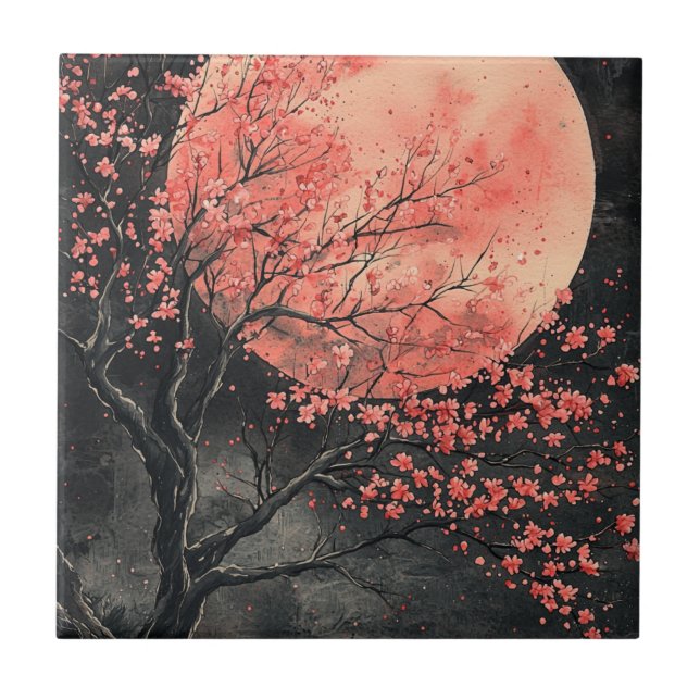 Blood Moon Sakura Ink Wash (2) Ceramic Tile (Front)