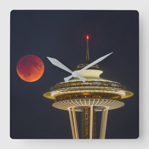 Blood Moon  Seattle Space Needle Square Wall Clock