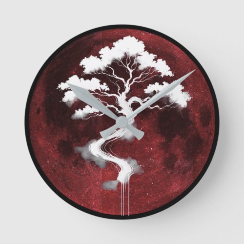 Blood Moon _ White Ink Tree Round Clock