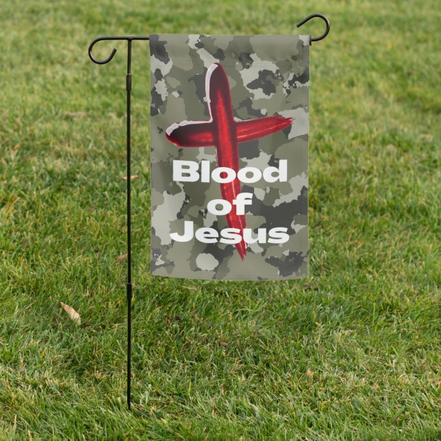 Blood of Jesus Green Camo Garden Flag (In SItu)