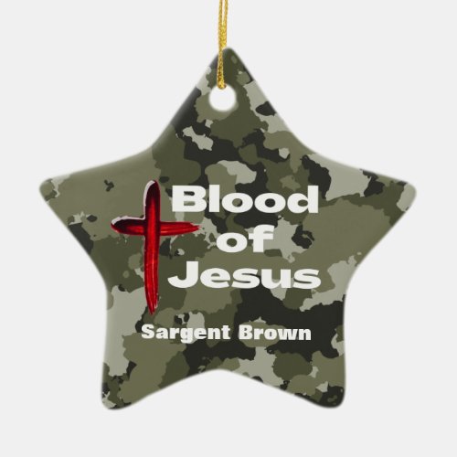 Blood of Jesus Green Camo Personalized Prayer Ceramic Ornament