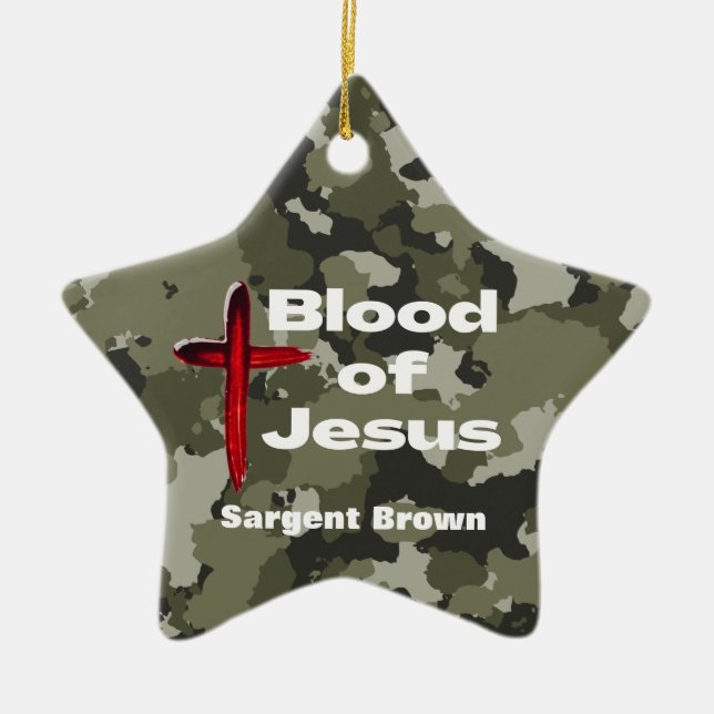 Blood of Jesus Green Camo Personalized Prayer Ceramic Ornament (Front)