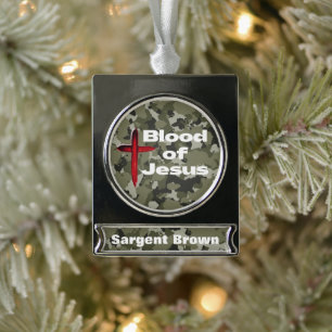 Blood of Jesus Green Camo Personalized Prayer Silver Plated Banner Ornament