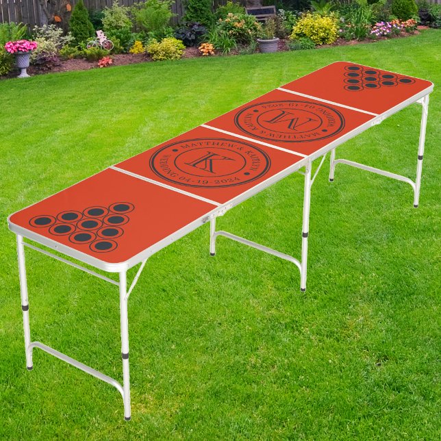 Blood Orange Dk Wedding Monogram with Name & Date Beer Pong Table (Creator Uploaded)