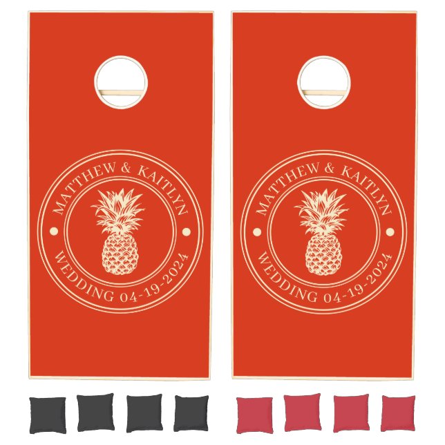 Blood Orange Pineapple Wedding Crest & Names Cornhole Set (Set)