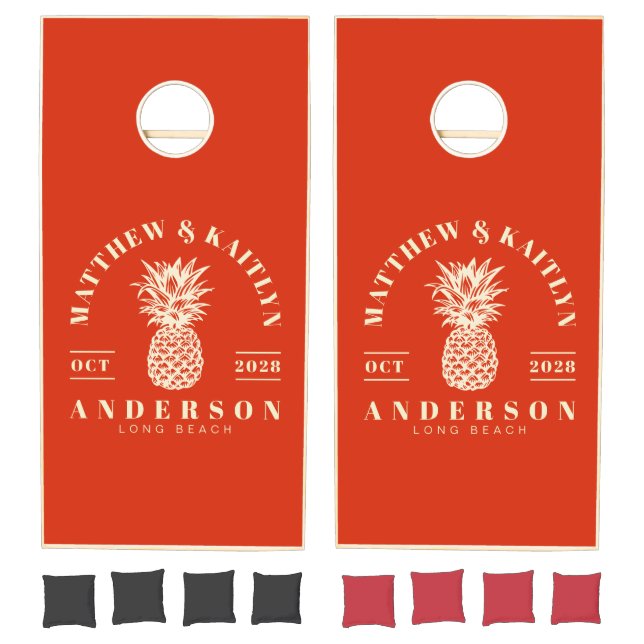 Blood Orange Tropical Pineapple Wedding Crest Cornhole Set (Set)