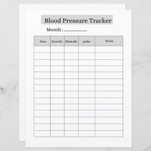 Blood Pressure Tracker SHEET (Front/Back)
