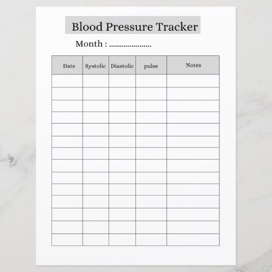 Blood Pressure Tracker SHEET (Front)