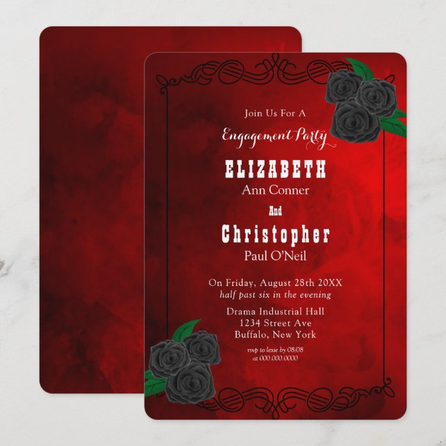 Blood Red and Black Roses Engagement Party Invitation (Front/Back)