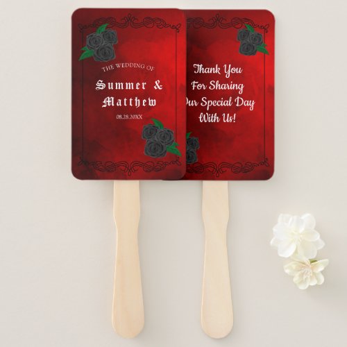 Blood Red and Black Roses Wedding Thank You Hand Fan