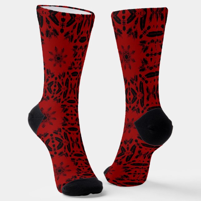 Blood red black geometric design bold kitty voices socks (Angled)