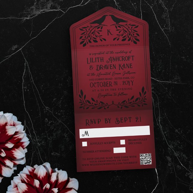 Blood Red Black Raven Monogram Goth Wedding All In One Invitation (Creator Uploaded)