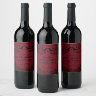 Blood Red Black Raven Monogram Goth Wedding Wine Label