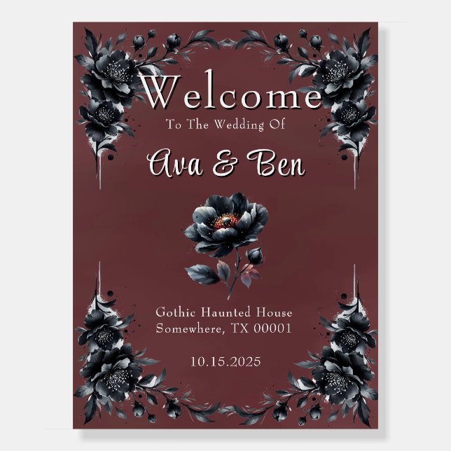 Blood Red Black Roses Gothic Wedding Welcome Sign (Front)