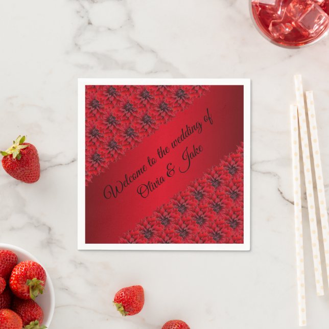 Blood red dahlias in gothic style wedding napkins (Insitu)