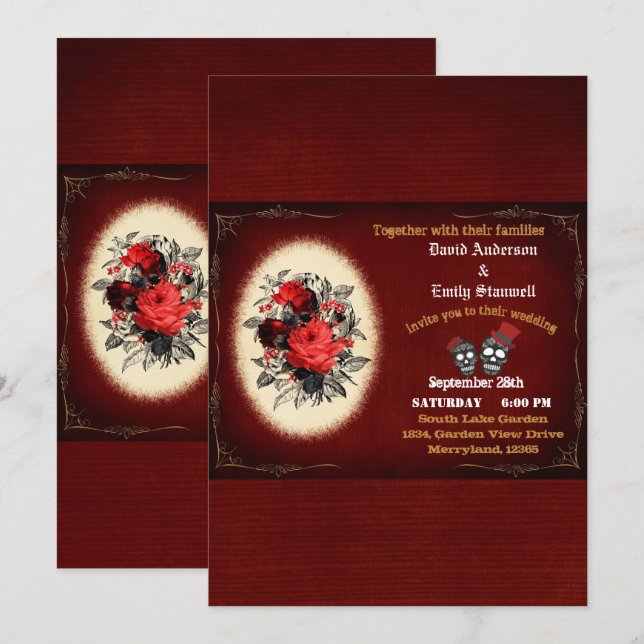 Blood Red Floral Gothic Skull Halloween Wedding Invitation (Front/Back)