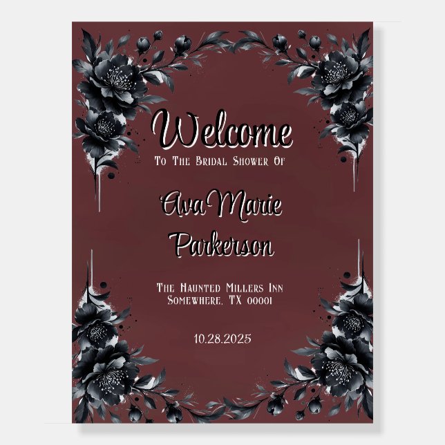 Blood Red Gothic Black Floral Bridal Shower Foam Board (Front)