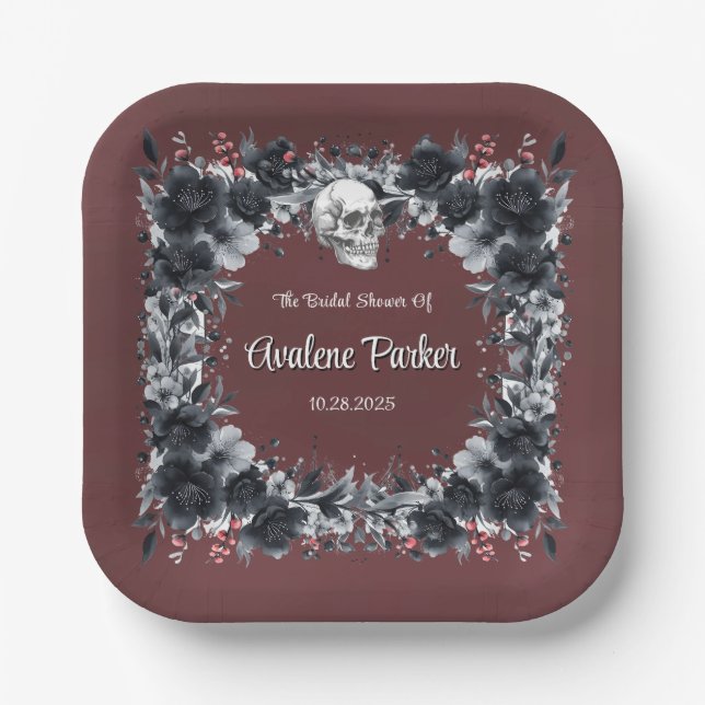 Blood Red Gothic Black Floral Bridal Shower Paper Plates (Front)