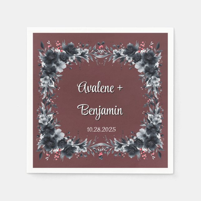 Blood Red Gothic Black Floral Wedding Napkins (Front)