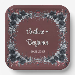 Blood Red Gothic Black Floral Wedding Paper Plates