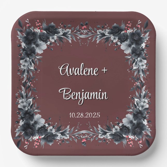 Blood Red Gothic Black Floral Wedding Paper Plates (Front)