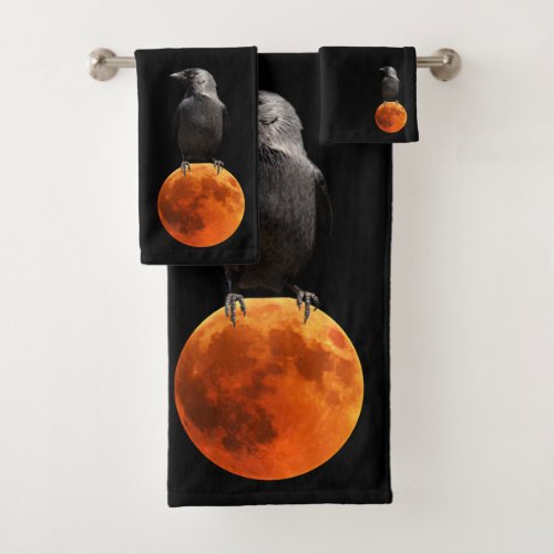 Blood Red Moon and Raven Bath Towel Set