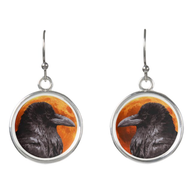 Blood Red Moon Black Raven Earrings (Front)