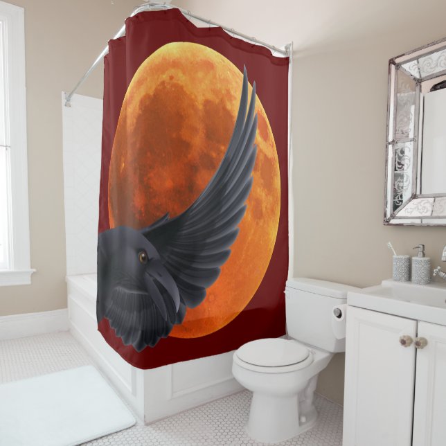 Blood Red Moon Black Raven Shower Curtain (In Situ)