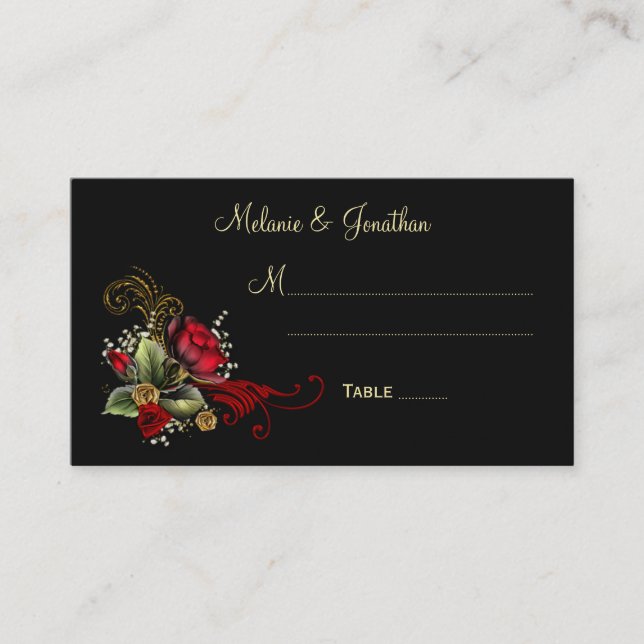 Blood Red Roses Baby's Breath Ribbons Place Cards (Front)