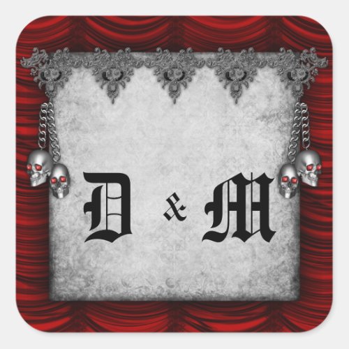 Blood Red Silk and Skulls Gothic Wedding Square Sticker