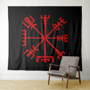 Blood Red Vegvísir (Viking Compass) Tapestry