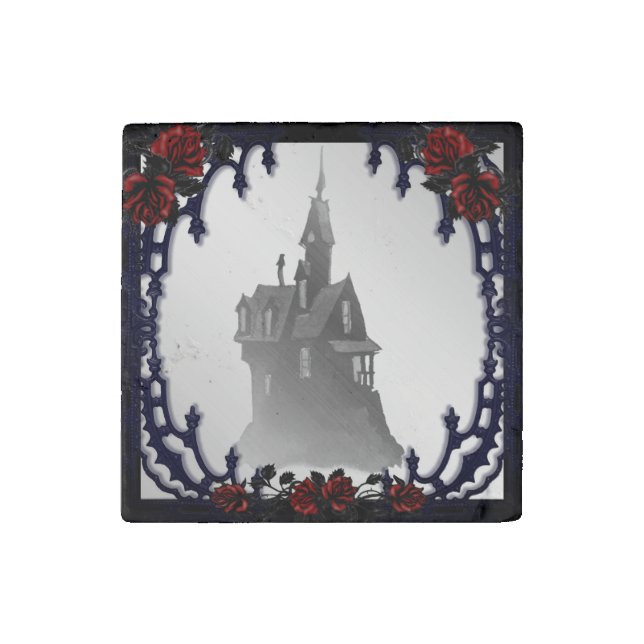 Blood Rose Gothic Mansion Halloween Stone Magnet (Front)