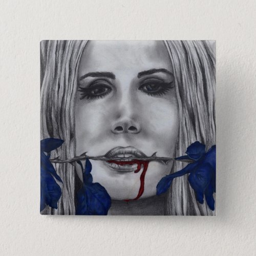 Blood Roses Blue Vampire Woman Portrait Goth Art Pinback Button