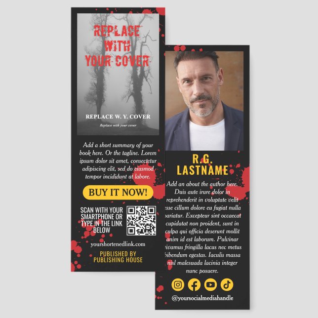 Blood Spatter Yellow Book Cover About the Author Bookmarks (Front & Back)