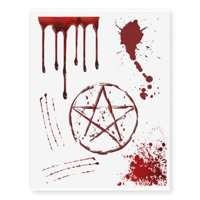 Blood Splatter, Drip, Scratch & Pentagram Temporary Tattoos (Front)