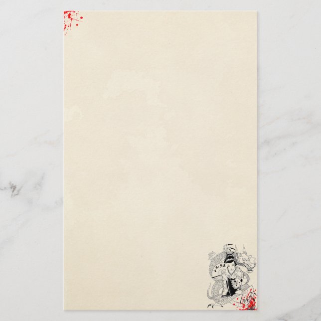 blood splatter geisha with fan dragon tattoo old stationery (Front)