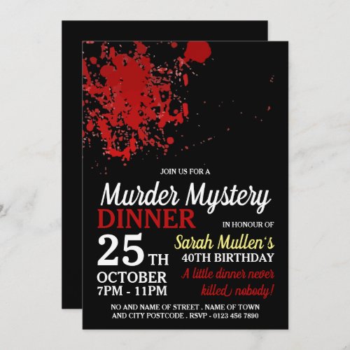 Blood Splatter Murder Mystery Birthday Dinner Invitation