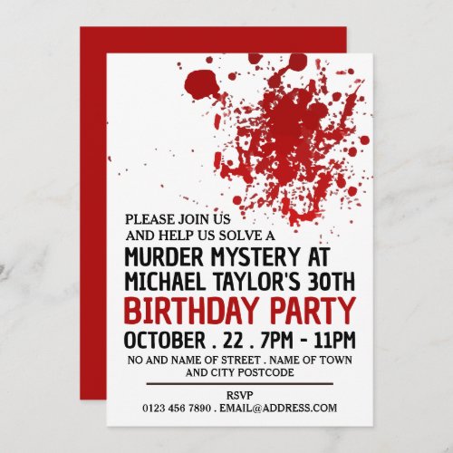 Blood Splatter Murder Mystery Birthday Party Invitation