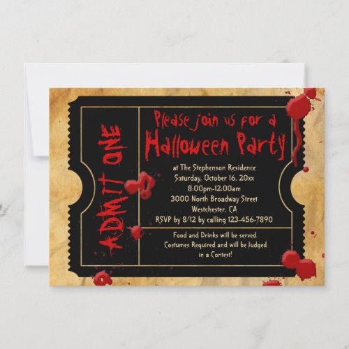 Blood Splatter Vintage Halloween Party Ticket Invitation