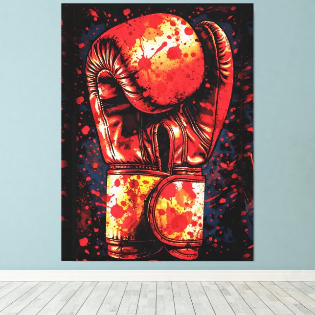 Blood-Splattered Red Boxing Gloves Dramatic Art Canvas Print (Insitu(Wood Floor))