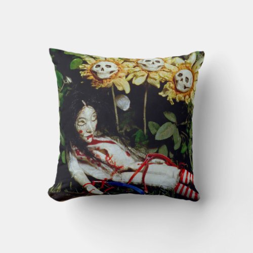 Blood Tea and Red String Doll and Skull Sunflowers Throw Pillow