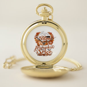 Blood Type Is Pumpkin Spice Halloween Black Cat Pocket Watch
