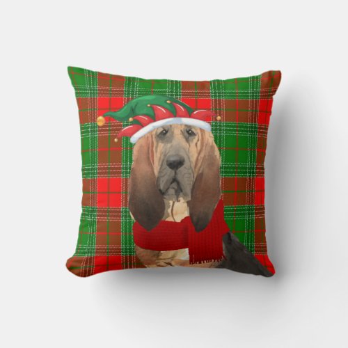 Bloodhound and Holiday Plaid Christmas Dog Throw Pillow