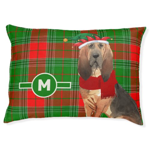 Bloodhound and Holiday Plaid with Monogrammed Dog Pet Bed