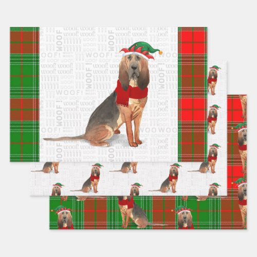 Bloodhound Christmas Dog and Holiday Plaid Wrapping Paper Sheets