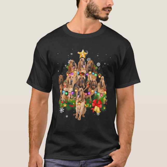 Bloodhound Christmas Dog Tree Lights Pajamas Famil T-Shirt (Front)
