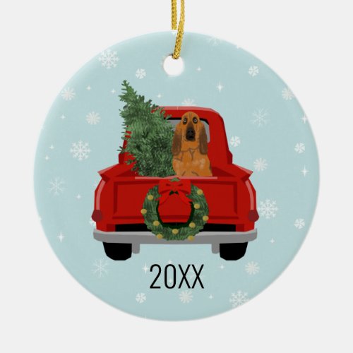 Bloodhound Dog Christmas Red Truck Ceramic Ornament